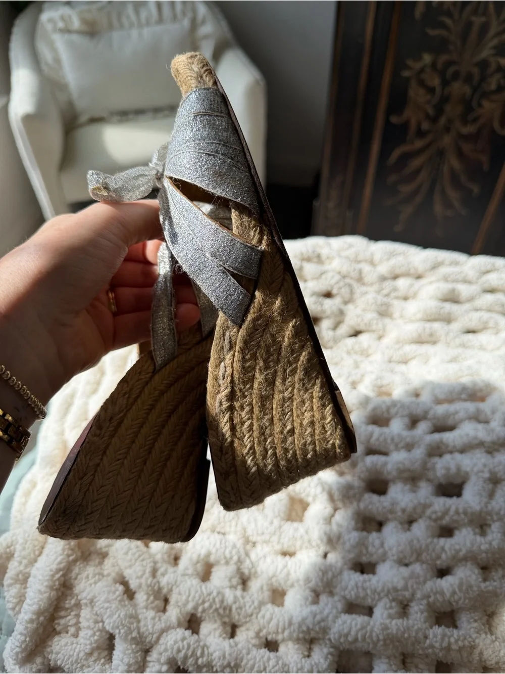 Christian Louboutin Silver Bow Espadrille Wedge Sandals